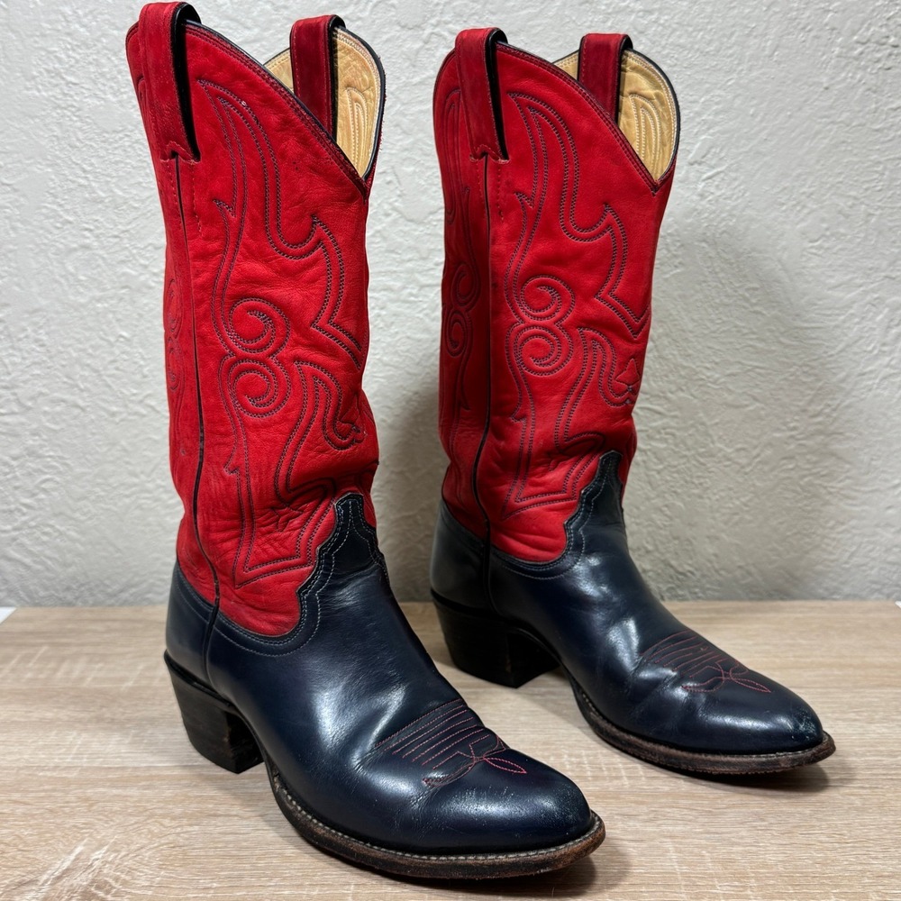 Justin Boots 6 Cowgirl Red Navy Blue Leather 5407 Vtg 90s Y2K USA Rodeo Western